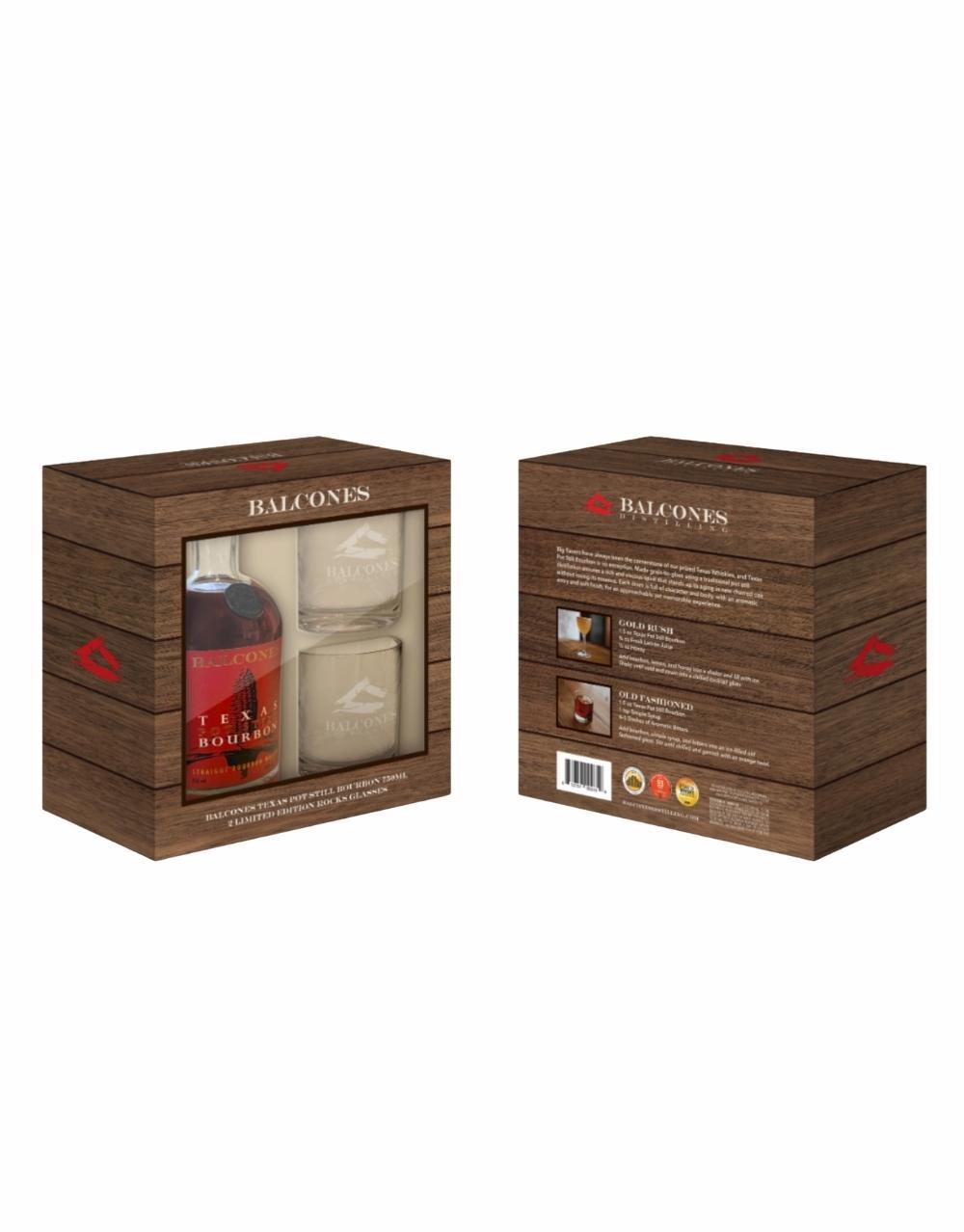 BALCONES TEXAS POT STILL BOURBON WITH LIMITED EDITION BALCONES ROCKS GLASSES